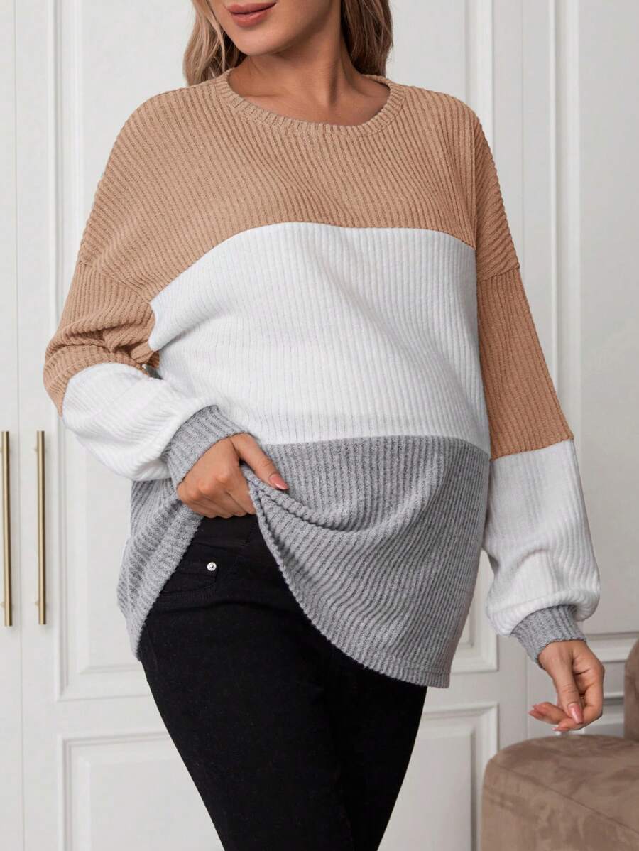 SHEIN Maternity Casual Color Block Loose Drop Shoulder Long Sleeve T-Shirt, Spring & Autumn - Khaki - View 1