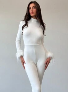 Aloruh Simple Commuter White Turtleneck Long Sleeve Patchwork Fluffy Tight Full-Length Slit Jumpsuit For Women - White - View 6