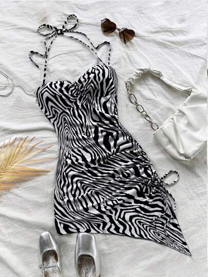 Soleia 女式黑白斑马纹不对称下摆吊带蝴蝶结无袖紧身迷你连衣裙，可爱度假风格，时尚冬季外套