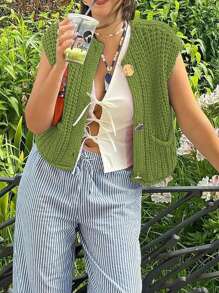 INAWLY Women's Solid Color Dual-Pocket Knit Vest, Casual For Spring/Autumn - Green - View 4