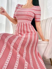 Modelyn Women's Geometric Print Square Neck Short Sleeve Maxi Sweater Dress - Pink - View 1