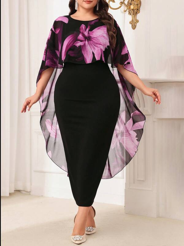 Modelyn Vestido ajustado elegante de talla grande con estampado floral y parches, vestidos largos de noche para primavera/verano