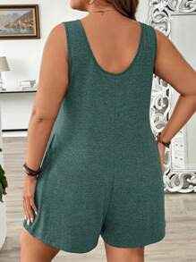 SHEIN LUNE Plus Size Solid Color Crew Neck Sleeveless Pocket Simple Romper, Casual Daily Wear - Dark Green - View 2
