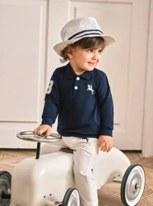 Souflis Souflis Conjunto de 3 piezas para niños pequeños con camisa polo clásica bordada ecuestre, pantalón de traje y camisa, azul marino, adecuado para fiesta, boda, sesión de fotos, vacaciones, adorable y elegante, otoño e invierno