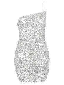 Women Sequin One Shoulder Mini Bodycon Dress In Silver - Silver - View 8