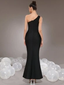 Modphy Nuevo estilo de vestido formal largo de sirena, ajustado, sin espalda, con decoración de flor de strass, para mujer - Negro - Ver 2