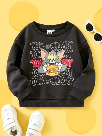 TOM & JERRY X SHEIN Jungen lässiges, weit geschnittenes Sweatshirt mit Cartoon- und Englisch-Buchstaben-Grafik, Grau, Frühling/Herbst