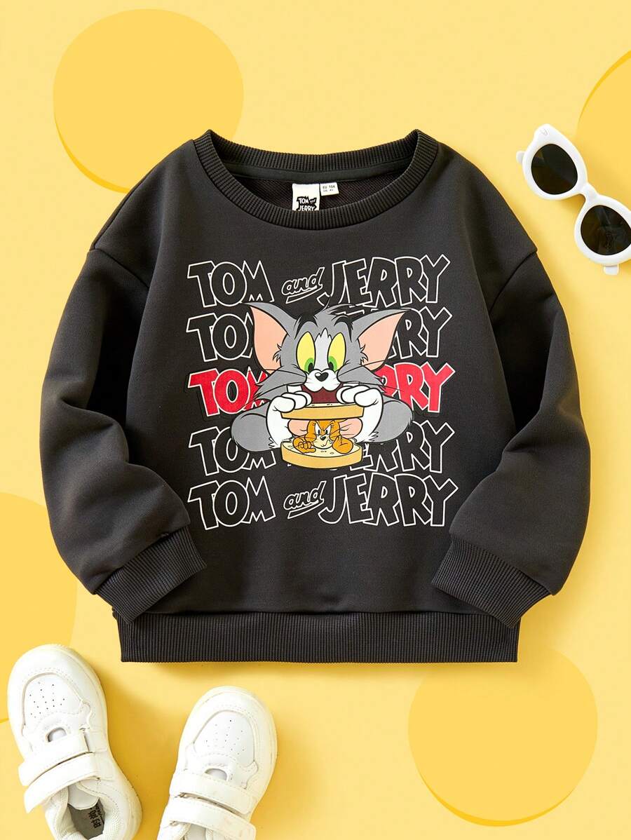TOM & JERRY X SHEIN Young Boy Casual Loose Fit Cartoon And English Letter Graphic Sweatshirt, Grey, Spring/Autumn - Dark Grey - View 1
