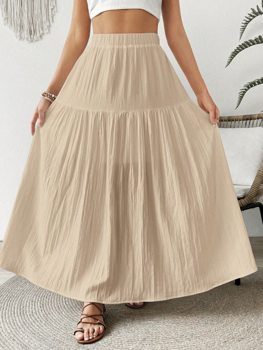 SHEIN VCAY Women's Solid Color Skirt, Casual Vacation Style - Khaki - View 1