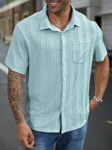 Manfinity Homme Plus Size Men's Casual Solid Textured Shirt, Summer - Dusty Blue - View 6