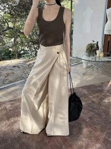 SHEIN Unity Stylish Wrap Style Slant Placket Wide Leg Pants - Khaki - View 6