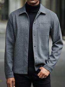 Manfinity Homme 男士深灰色纽扣夹克，男士高品质换季时尚单品：时尚灰色衬衫式夹克，外出上衣，冬季外套 - 深灰色 - 查看 3