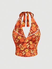 SHEIN MOD Top tipo tank con cuello halter, de talla grande, con estampado floral retro hippie, parches de encaje - Multicolor - Ver 5