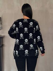 VaVaBold Áo len cardigan dài mềm mại họa tiết đầu lâu xương sọ Halloween đen trắng mới dành cho nữ - màu đen - Xem 2
