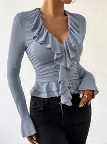 Allurite Ruffle Trim Flare Sleeve Ruched Side Tee - Dusty Blue - View 3