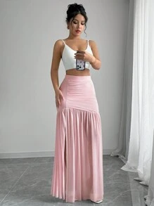 Elenzga Elegant Pink Pleated Mesh Skirt, Summer - Pink - View 1