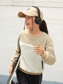 SHEIN Tween Girls Outdoor Sports Hiking Camping Picnic Boating Mountaineering Gray Patchwork Zipper Pocket Warm Comfortable Casual Pullover Sweatshirt For Fall Winter