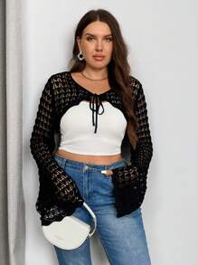SHEIN Privé Plus Size Trang phục dạo phố thanh lịch cho kỳ nghỉ Áo len dài tay rỗng, phong cách đại học mùa hè - màu đen - Xem 7