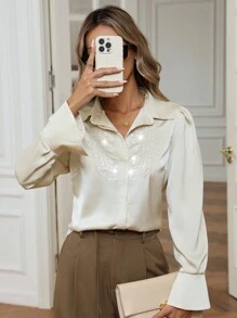 Aveloria French Elegant Satin Long Sleeve Shirt With Sequin Embroidered Chest Design Fall Cloth For Women