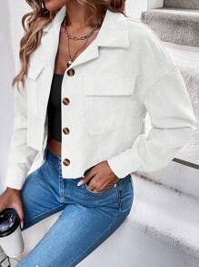 EMERY ROSE Jaqueta Cargo Curta de Cor Sólida Casual para Primavera e Outono - Branco - Visão 3