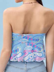 HELLO KITTY AND FRIENDS | SHEIN 女士卡通肉桂卷与字母印花褶皱胸前蝴蝶结前襟手帕下摆抹胸 - 藍色 - 查看 2