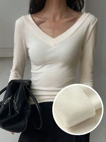 DAZY Camiseta de mujer de cuello en V de unicolor con forro térmico, casual y versátil para otoño e invierno