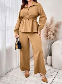 Mulvari Set de 2 piezas de top de manga larga y pantalón de unicolor para mujer talla grande - Marrón - Ver 3