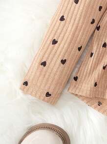 2pcs/Set Young Girl Heart Print Long Sleeve Top With Ruffle Trim And Leggings, Spring Autumn