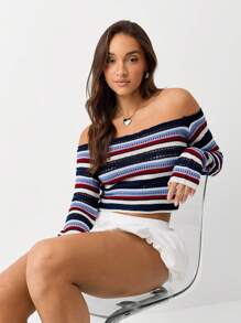 SHEIN Unity Off Shoulder Long Sleeve Striped Simple Sweater, Casual Daily Wear, Knit Pullover Fall Winter - Multicolor - View 5