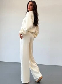 Aloruh Bộ 2 áo nỉ lót nhiệt ấm áp và quần ống đứng có dây rút, thu đông - trắng - Xem 3