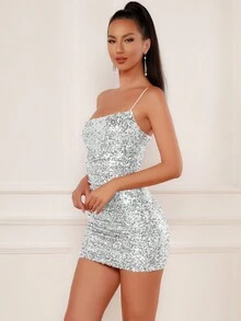 Women Sequin One Shoulder Mini Bodycon Dress In Silver - Silver - View 3