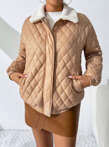 SHEIN Essnce 冬季女装菱格绗缝领长袖棉服大衣拼接毛领THE WELLS TAUPE JACKET秋冬 - 卡其色 - 查看 5