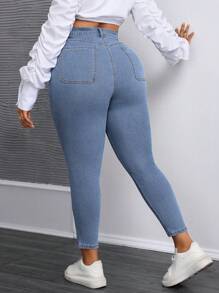 SHEIN SXY Plus Size Women's Solid Color Casual Simple Denim Jeans - Medium Wash - View 2