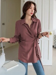 DAZY 1 件女式宽松纯色长袖前系带衬衫，秋季服装 - 酒紅色 - 查看 4