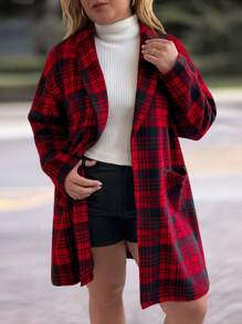 SHEIN LUNE Klassischer roter & schwarzer karierter Lässig mantel mit Tasche, Große Größen