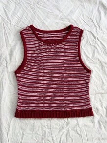 Soleia Camiseta de punto básica rosa con rayas y tela de punto acanalado para mujer con estilo de vacaciones