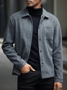 Manfinity Homme 男士深灰色纽扣夹克，男士高品质换季时尚单品：时尚灰色衬衫式夹克，外出上衣，冬季外套 - 深灰色 - 查看 1