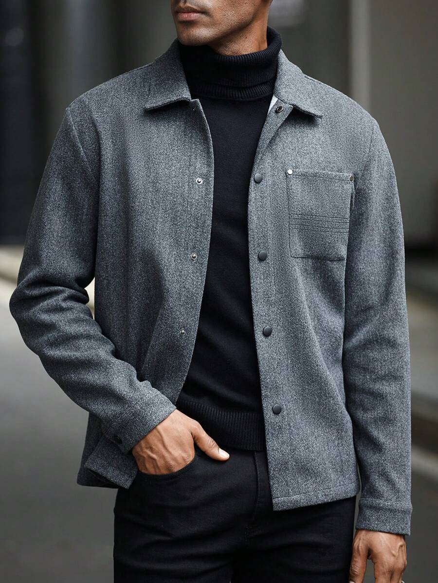 Manfinity Homme 男士深灰色纽扣夹克，男士高品质换季时尚单品：时尚灰色衬衫式夹克，外出上衣，冬季外套 - 深灰色 - 查看 1