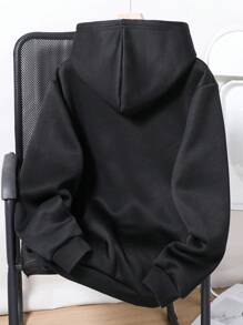 SHEIN 青少年男孩校服休闲运动户外秋冬连帽运动衫 - 黑色 - 查看 2