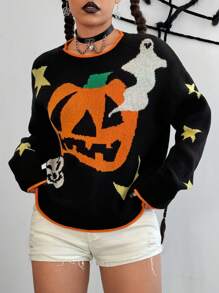 SHEIN Unity Women's Halloween Pumpkin & Ghost Pattern Knitted Long Sleeve Sweater - Multicolor - View 3