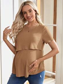 SHEIN 孕妇夏季休闲纯色短袖哺乳 T 恤 - 卡其色 - 查看 4