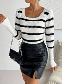Chiquease Áo len dệt kim kẻ sọc cổ vuông thời trang mới Thu Đông 2023 dành cho nữ, kiểu dáng ôm sát, áo chui đầu dệt kim mùa thu. - Đen và trắng - Xem 6