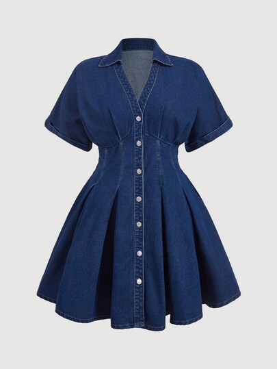 SHEIN MOD Plus Size Navy Blue Denim Midi Dress,Summer Smart Casual Short Dropped Shoulder Sleeve Flared Hem,Everyday Elegant Renaissance Fair Tea Party Dresses