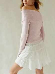 INAWLY 大码纯色翻领露肩毛衣，春秋针织套头衫，秋冬款 - 粉色 - 查看 2