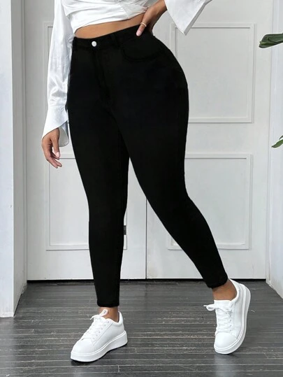 SHEIN SXY Plus Size Women's Solid Color Simple Daily Jeans