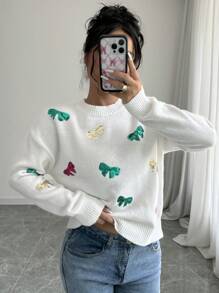 Chiquease Women's Crew Neck Long Sleeve Casual Pullover Sweater With Bow Pattern