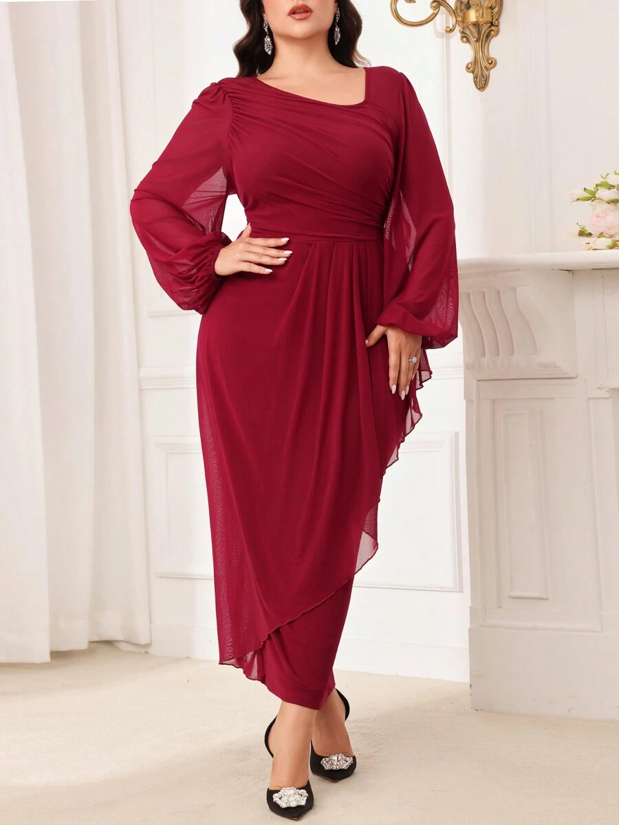 Modelyn Váy tay đèn lồng cổ bất đối xứng màu trơn thanh lịch cỡ lớn màu đỏ tía, xuân thu - Màu Đỏ Sâu - Xem 1