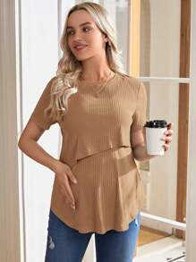 SHEIN 孕妇夏季休闲纯色短袖哺乳 T 恤 - 卡其色 - 查看 3