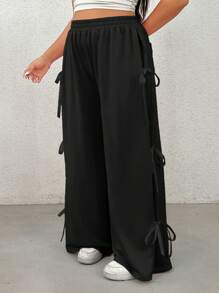 SHEIN EZwear Pantalón de chándal holgado de talla grande con lazo negro vintage