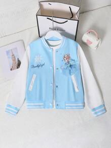 Tween Girls' Casual Cartoon Letter Print Long Sleeve Baseball Jacket, Spring Autumn - Blue - View 1